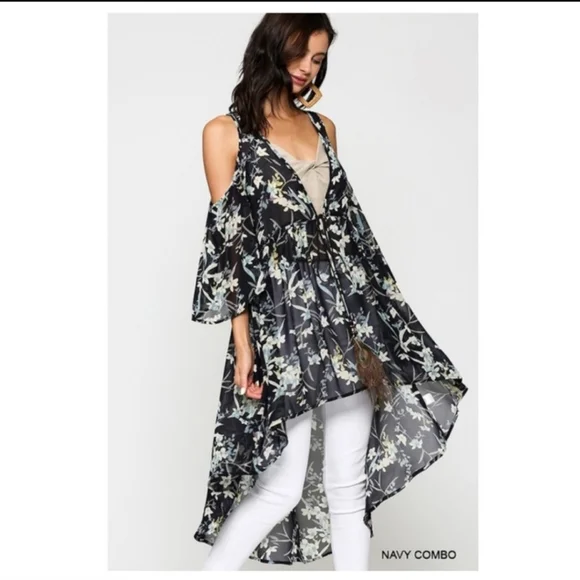 🔥$5🔥BLUE FLORAL PRINTED COLDSHOULDER  KIMONO- - Picture 5 of 6
